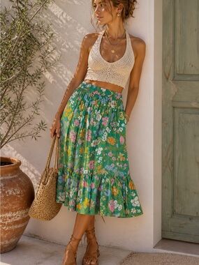 Anthro Style Floral Midi Skirt Green Boho Ruffle Tiered Cottagecore Summer